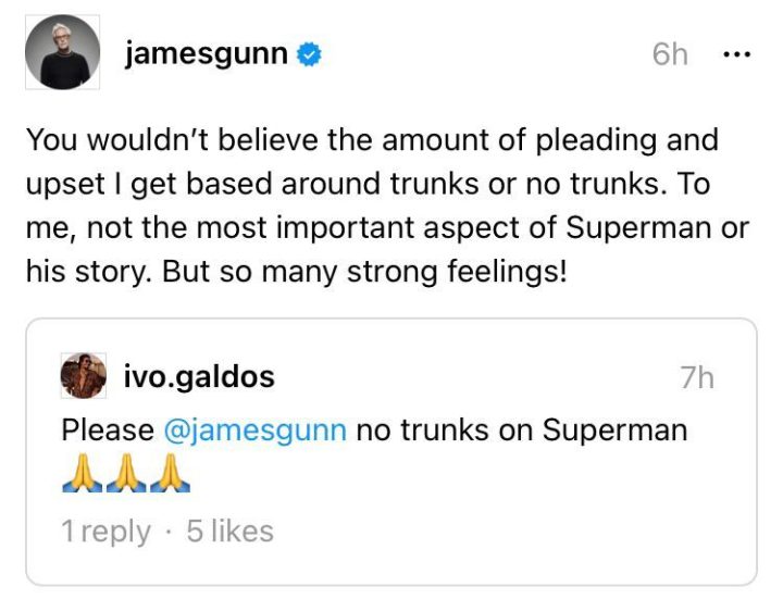詹姆斯·冈恩对《超人：传承》中超人是否保持“内裤外穿”经典造型进行了回应-1