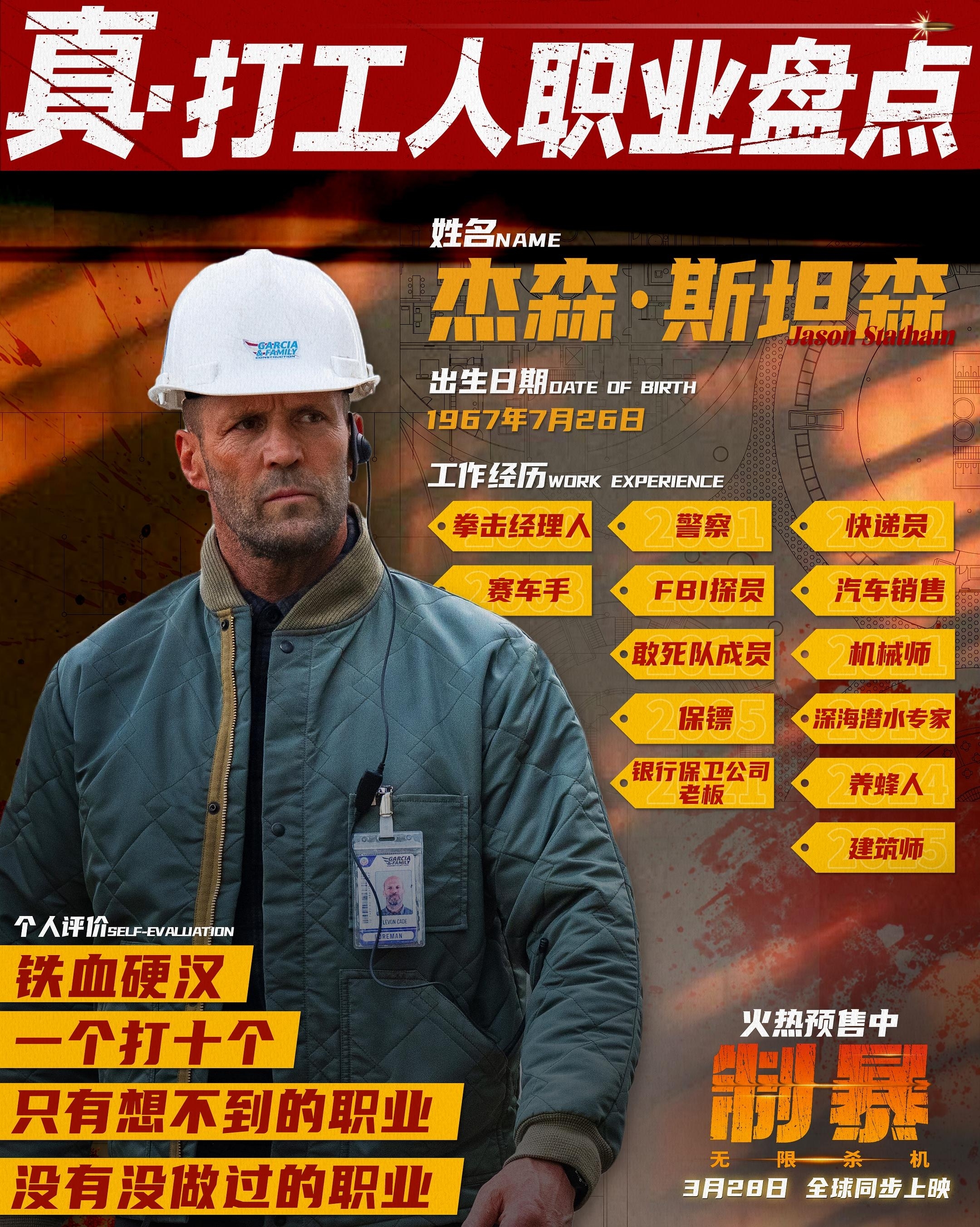 杰森·斯坦森新片《制暴：无限杀机》终极预告来了，这周就能在电影院看到，硬核打工人登场