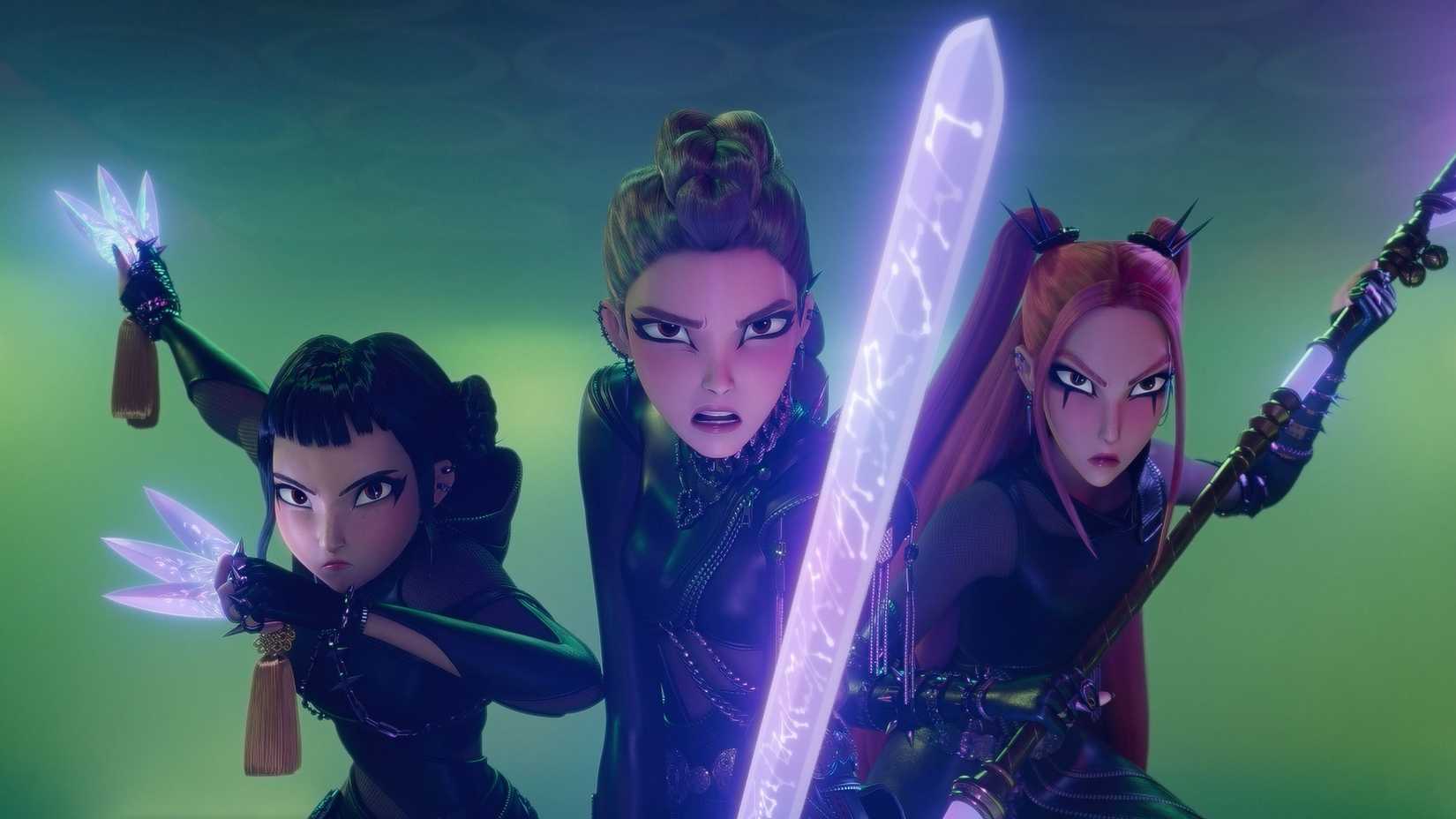 Rumi, Mira, and Zoey holding their weapons out in KPop Demon Hunters.